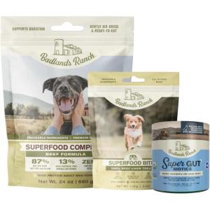 imageBADLANDS RANCH Superfood Complete Beef 24 oz Super Gut Biotics Freeze Dried raw Beef Liver Dog Treats 4 oz